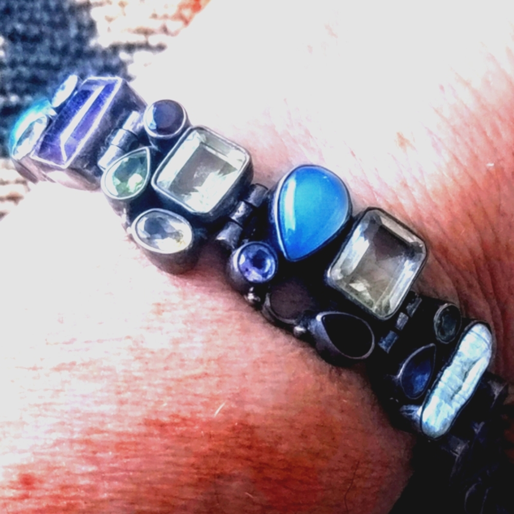 Vintage multi color semiprecious stones silver bracelet. 7.8"